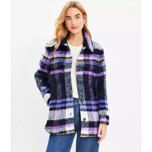LOFT‎ Womens Plaid Boucle Shirt Jacket Button Up Long Sleeve Blue Purple XL